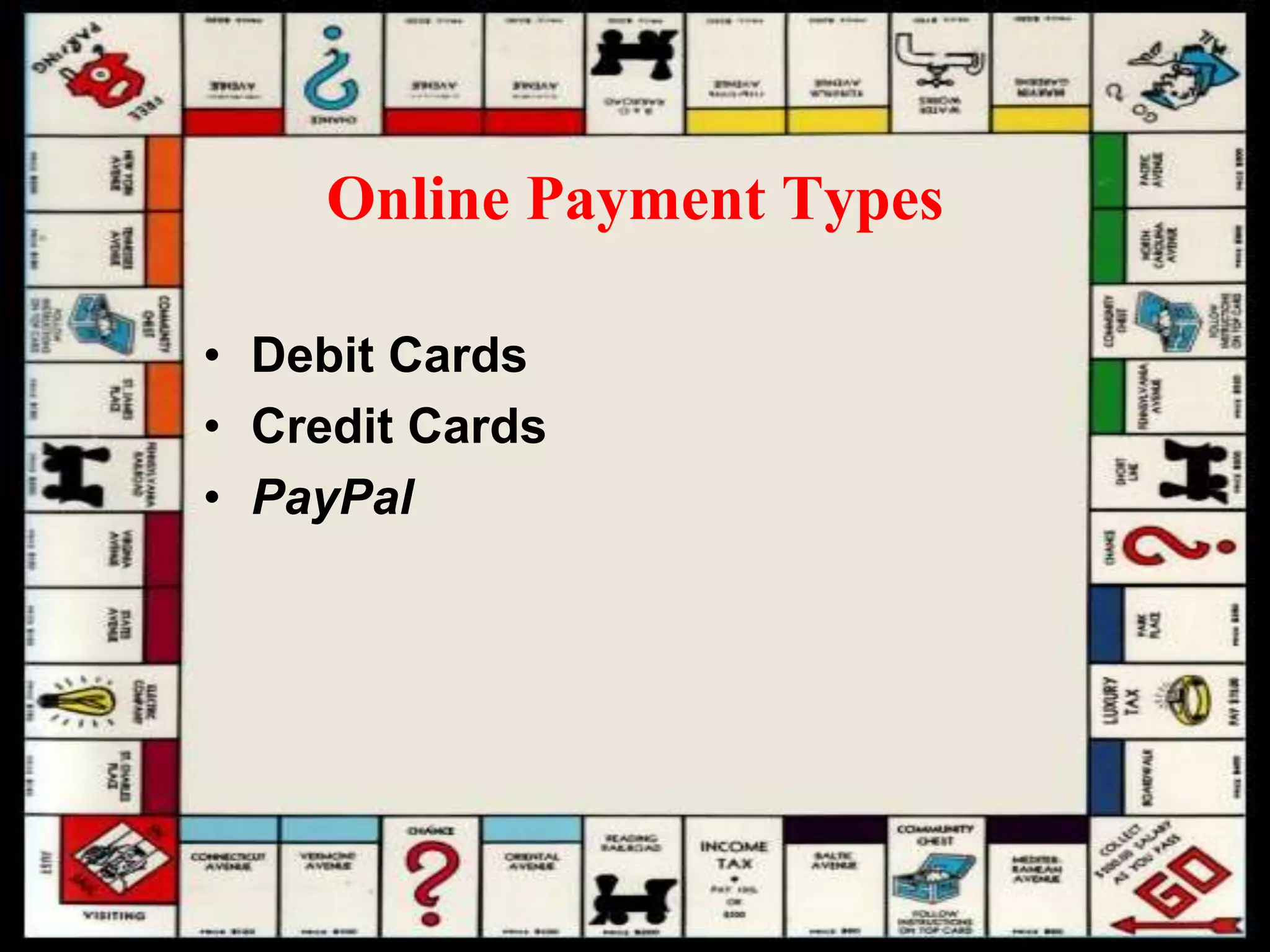 Online Payment Types
• Debit Cards
• Credit Cards
• PayPal
 