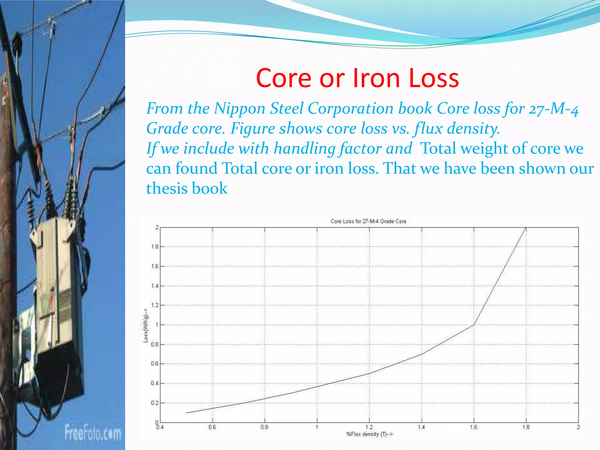 Core or Iron Loss
From the Nippon Steel Corporation book Core loss for 27-M-4
Grade core. Figure shows core loss vs. flux density.
If we include with handling factor and Total weight of core we
can found Total core or iron loss. That we have been shown our
thesis book
 