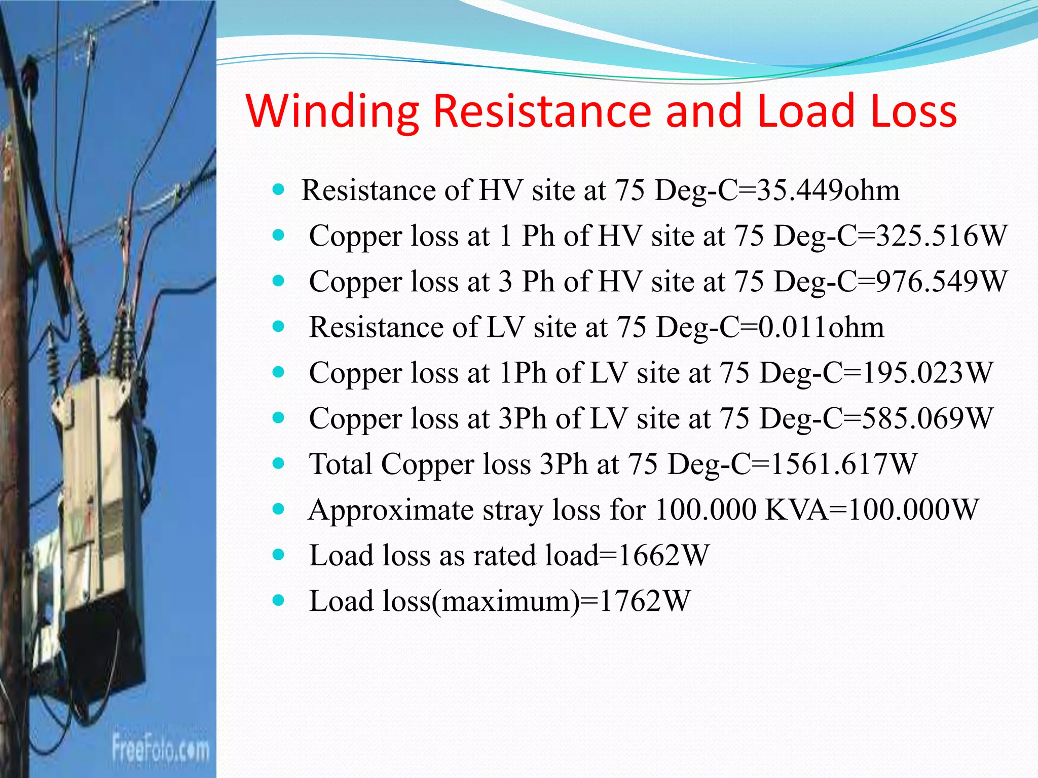  Resistance of HV site at 75 Deg-C=35.449ohm
 Copper loss at 1 Ph of HV site at 75 Deg-C=325.516W
 Copper loss at 3 Ph of HV site at 75 Deg-C=976.549W
 Resistance of LV site at 75 Deg-C=0.011ohm
 Copper loss at 1Ph of LV site at 75 Deg-C=195.023W
 Copper loss at 3Ph of LV site at 75 Deg-C=585.069W
 Total Copper loss 3Ph at 75 Deg-C=1561.617W
 Approximate stray loss for 100.000 KVA=100.000W
 Load loss as rated load=1662W
 Load loss(maximum)=1762W
Winding Resistance and Load Loss
 