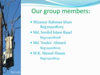 Our group members:
 Mizanur Rahman khan
Reg:09208025
 Md. Soriful Islam Rasel
Reg:09208008
 Md. Toukir Ahmed
Reg:09208005
 M.K. Masud Hasan
Reg:09208031
 