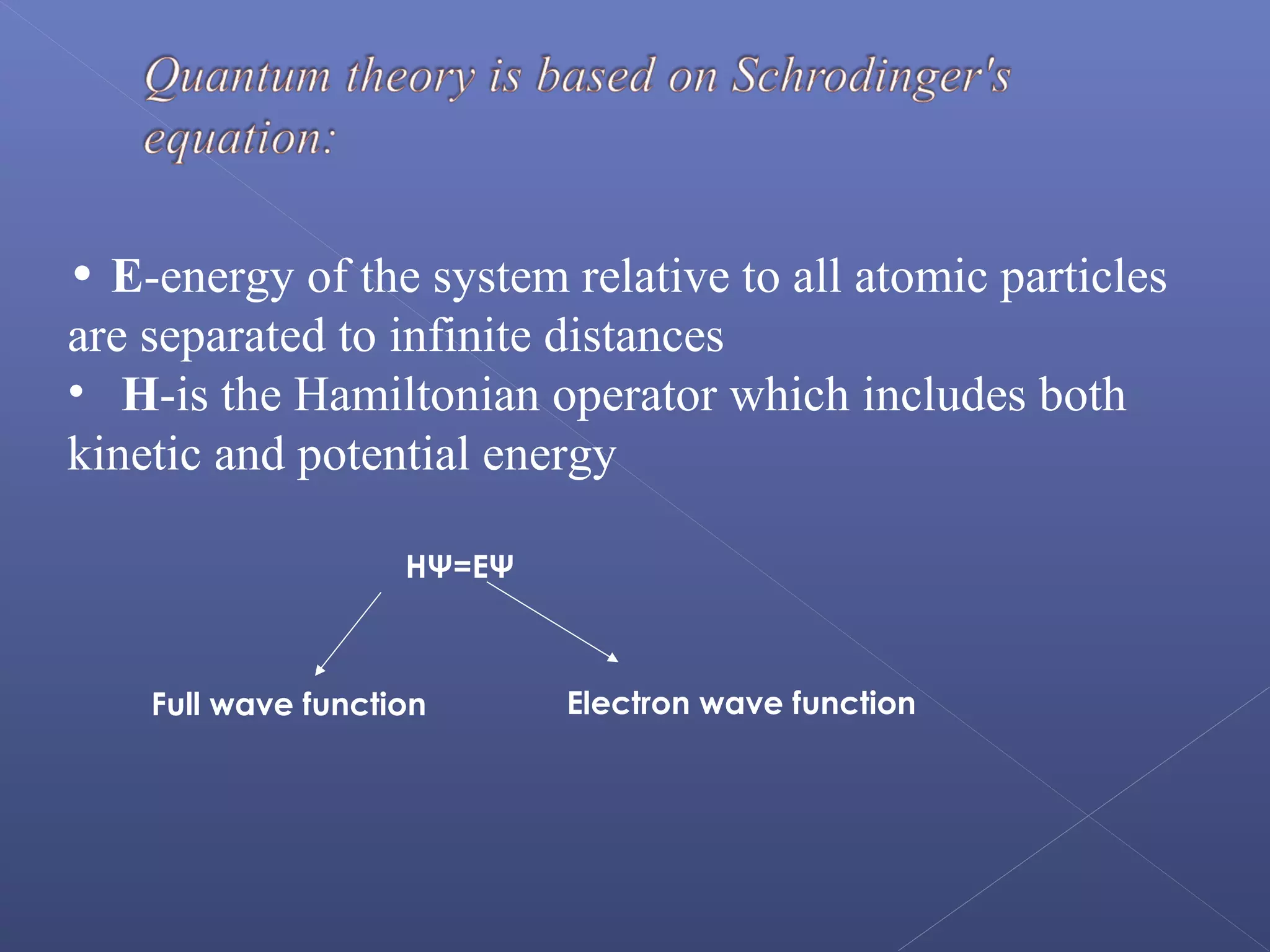 HΨ=EΨ
Full wave function Electron wave function
• E-energy of the system relative to all atomic particles
are separated to infinite distances
• H-is the Hamiltonian operator which includes both
kinetic and potential energy
 
