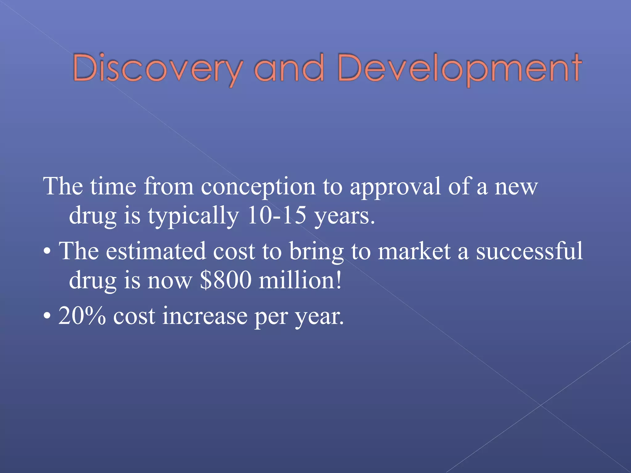 The time from conception to approval of a new
drug is typically 10-15 years.
• The estimated cost to bring to market a successful
drug is now $800 million!
• 20% cost increase per year.
 