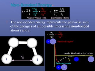  The non-bonded energy represents the pair-wise sum
of the energies of all possible interacting non-bonded
atoms i and j:
 
