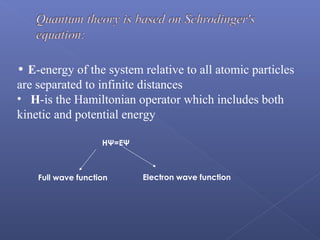 HΨ=EΨ
Full wave function Electron wave function
• E-energy of the system relative to all atomic particles
are separated to infinite distances
• H-is the Hamiltonian operator which includes both
kinetic and potential energy
 