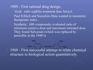  1909 - First rational drug design.
› Goal: safer syphilis treatment than Atoxyl.
› Paul Erhlich and Sacachiro Hata wanted to maximize
therapeutic index .
› Synthetic: 600 compounds; evaluated ratio of
minimum curative dose and maximum tolerated dose.
They found Salvarsan (which was replaced by
penicillin in the 1940’s)
 1960 - First successful attempt to relate chemical
structure to biological action quantitatively.
As As
OH
NH2
OH
NH2
 
