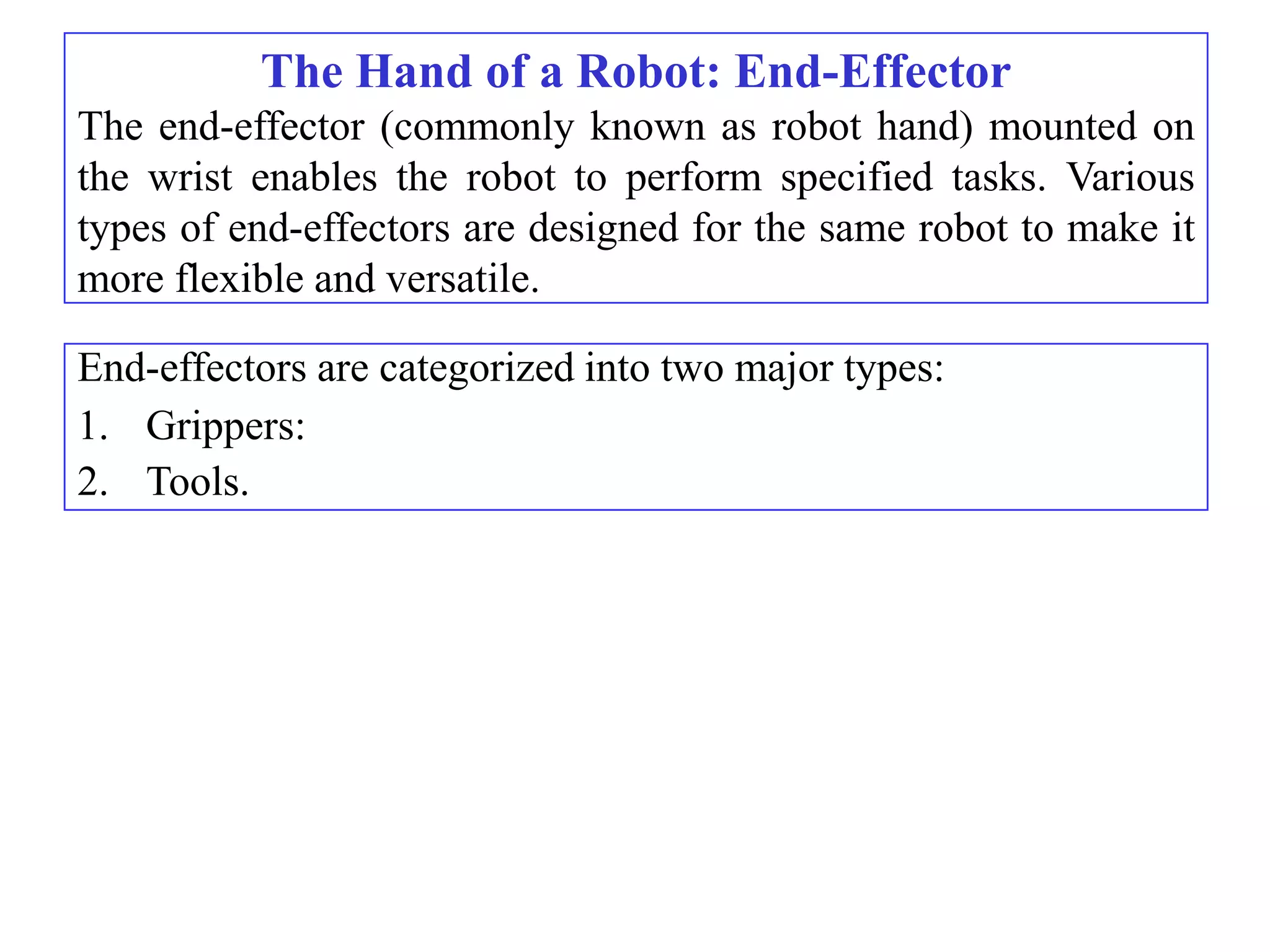 The Hand of a Robot: End-Effector
The end-effector (commonly known as robot hand) mounted on
the wrist enables the robot to perform specified tasks. Various
types of end-effectors are designed for the same robot to make it
more flexible and versatile.

End-effectors are categorized into two major types:
1. Grippers:
2. Tools.
 