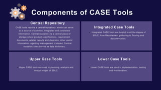 Components of CASE Tools
CASE tools require a central repository, which can serve
as a source of common, integrated and consistent
information. Central repository is a central place of
storage where product specifications, requirement
documents, related reports and diagrams, other useful
information regarding management is stored. Central
repository also serves as data dictionary.
Integrated CASE tools are helpful in all the stages of
SDLC, from Requirement gathering to Testing and
documentation.
Lower Case Tools
Upper CASE tools are used in planning, analysis and
design stages of SDLC.
Lower CASE tools are used in implementation, testing
and maintenance.
Integrated Case Tools
Upper Case Tools
Central Repository
 