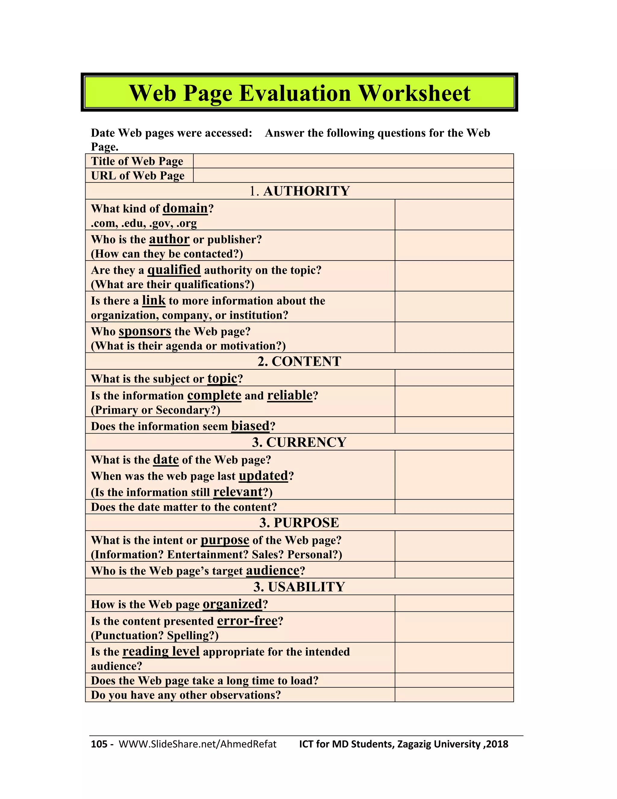 105 - WWW.SlideShare.net/AhmedRefat ICT for MD Students, Zagazig University ,2018
Web Page Evaluation Worksheet
Date Web pages were accessed: Answer the following questions for the Web
Page.
Title of Web Page
URL of Web Page
1. AUTHORITY
What kind of domain?
.com, .edu, .gov, .org
Who is the author or publisher?
(How can they be contacted?)
Are they a qualified authority on the topic?
(What are their qualifications?)
Is there a link to more information about the
organization, company, or institution?
Who sponsors the Web page?
(What is their agenda or motivation?)
2. CONTENT
What is the subject or topic?
Is the information complete and reliable?
(Primary or Secondary?)
Does the information seem biased?
3. CURRENCY
What is the date of the Web page?
When was the web page last updated?
(Is the information still relevant?)
Does the date matter to the content?
3. PURPOSE
What is the intent or purpose of the Web page?
(Information? Entertainment? Sales? Personal?)
Who is the Web page’s target audience?
3. USABILITY
How is the Web page organized?
Is the content presented error-free?
(Punctuation? Spelling?)
Is the reading level appropriate for the intended
audience?
Does the Web page take a long time to load?
Do you have any other observations?
 