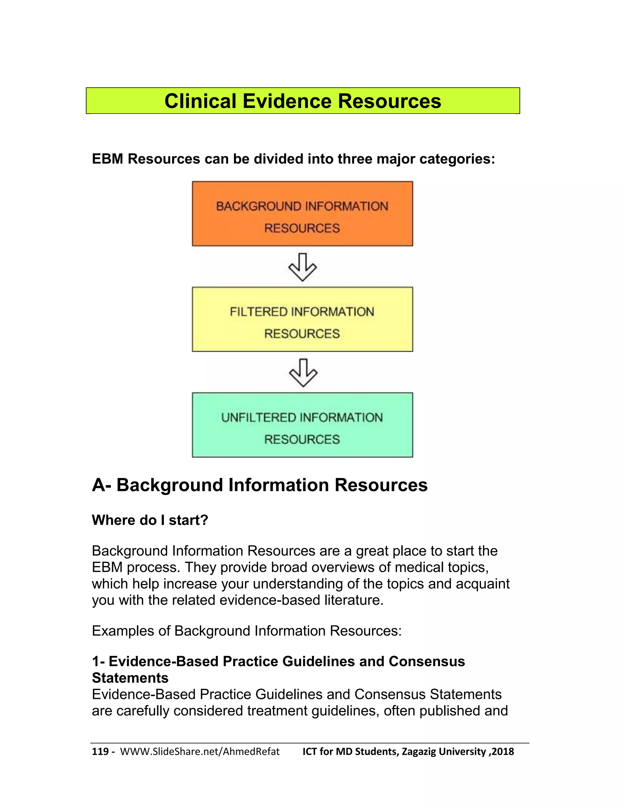 119 - WWW.SlideShare.net/AhmedRefat ICT for MD Students, Zagazig University ,2018
Clinical Evidence Resources
EBM Resources can be divided into three major categories:
A- Background Information Resources
Where do I start?
Background Information Resources are a great place to start the
EBM process. They provide broad overviews of medical topics,
which help increase your understanding of the topics and acquaint
you with the related evidence-based literature.
Examples of Background Information Resources:
1- Evidence-Based Practice Guidelines and Consensus
Statements
Evidence-Based Practice Guidelines and Consensus Statements
are carefully considered treatment guidelines, often published and
 
