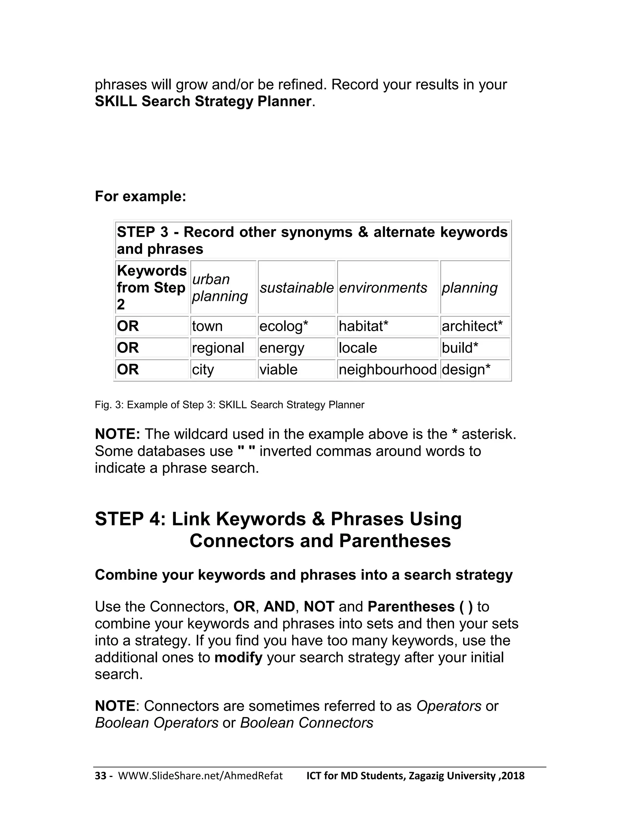 33 - WWW.SlideShare.net/AhmedRefat ICT for MD Students, Zagazig University ,2018
phrases will grow and/or be refined. Record your results in your
SKILL Search Strategy Planner.
For example:
STEP 3 - Record other synonyms & alternate keywords
and phrases
Keywords
from Step
2
urban
planning
sustainable environments planning
OR town ecolog* habitat* architect*
OR regional energy locale build*
OR city viable neighbourhood design*
Fig. 3: Example of Step 3: SKILL Search Strategy Planner
NOTE: The wildcard used in the example above is the * asterisk.
Some databases use " " inverted commas around words to
indicate a phrase search.
STEP 4: Link Keywords & Phrases Using
Connectors and Parentheses
Combine your keywords and phrases into a search strategy
Use the Connectors, OR, AND, NOT and Parentheses ( ) to
combine your keywords and phrases into sets and then your sets
into a strategy. If you find you have too many keywords, use the
additional ones to modify your search strategy after your initial
search.
NOTE: Connectors are sometimes referred to as Operators or
Boolean Operators or Boolean Connectors
 