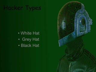 Hacker Types
• White Hat
• Grey Hat
• Black Hat
 