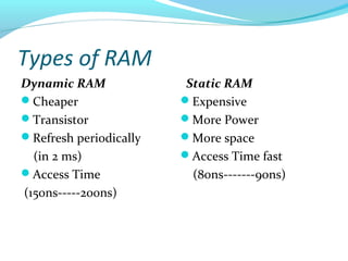 Types of RAM
Dynamic RAM
Cheaper
Transistor
Refresh periodically
(in 2 ms)
Access Time
(150ns-----200ns)
Static RAM
Expensive
More Power
More space
Access Time fast
(80ns-------90ns)
 