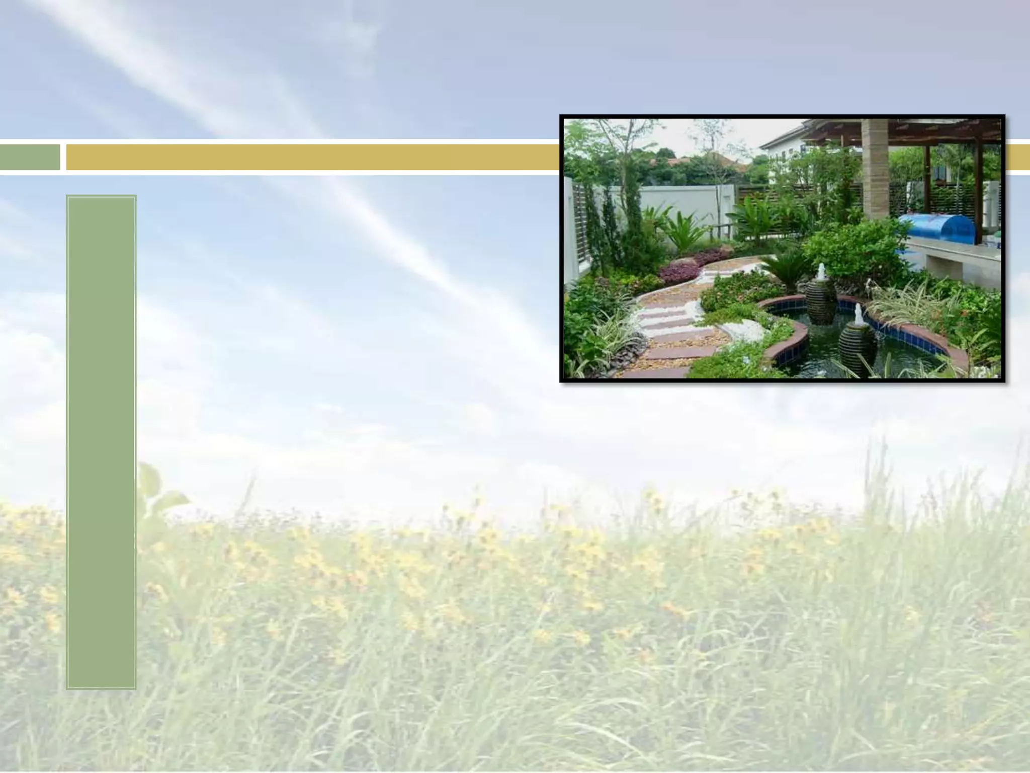 ความสำคัญของการออกแบบจัดสวนการออกแบบจัดสวน คือการทำให้สวนมีความสวยงาม โดยอาศัยหลักการออกแบบ และการดูแลรักษาที่ดีภายในบริเวณบ้านจะทำให้บริเวณสะอาด เป็นระเบียบ ลดมลพิษ ต่าง ๆ โดยเฉพาะ สนามหญ้า จะสามารถลดมลพิษของแสง เสียง ฝุ่นละออง เพราะหญ้าเป็น ตัวกรองฝุ่นละอองและก็ขับแสงได้ดีที่สุดทีเดียว นอกจากนี้ยังทำให้พื้นที่เป็นสัดส่วน มีมุมสงบส่วนตัว เสริม บ้าน อาคารให้ดูดีขึ้น มีคุณค่ามากขึ้น ปรุงแต่ง สภาพแวดล้อม ต่าง ๆ ให้ดูดีขึ้นมา 