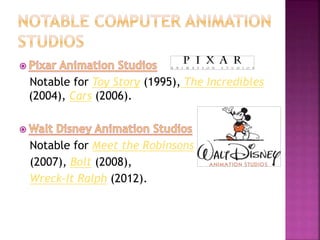 Notable for Toy Story (1995), The Incredibles 
(2004), Cars (2006). 
Notable for Meet the Robinsons 
(2007), Bolt (2008), 
Wreck-It Ralph (2012). 
 