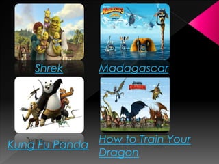Shrek Madagascar 
Kung Fu Panda 
How to Train Your 
Dragon 
 