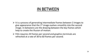 IN BETWEEN
 It is a process of generating intermediate frames between 2 images to
give appearance that the 1st image evolves smoothly into the second
image. In-betweens are the drawing between the key frames which
help to create the illusion of motion.
 Film requires 24 frames per second and graphics terminals are
refreshed at a rate of 30 to 60 frames per second.
14
 
