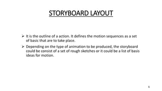 STORYBOARD LAYOUT
 It is the outline of a action. It defines the motion sequences as a set
of basic that are to take place.
 Depending on the type of animation to be produced, the storyboard
could be consist of a set of rough sketches or it could be a list of basis
ideas for motion.
6
 