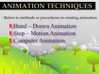- Refers to methods or procedures in creating animation

      Hand – Drawn Animation
      Stop – Motion Animation
      Computer Animation
 