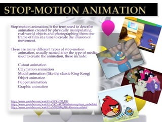Stop-motion animation, is the term used to describe
    animation created by physically manipulating
    real-world objects and photographing them one
    frame of film at a time to create the illusion of
    movement.

There are many different types of stop-motion
    animation, usually named after the type of media
    used to create the animation, these include:

    Cutout animation
    Claymation animation
    Model animation (like the classic King-Kong)
    Object animation
    Puppet animation
    Graphic animation


http://www.youtube.com/watch?v=XCKzC92_DI0
http://www.youtube.com/watch?v=Yk7xr4FT54I&feature=player_embedded
http://www.youtube.com/watch?v=M1CjSR4g3Wc&feature=related
 