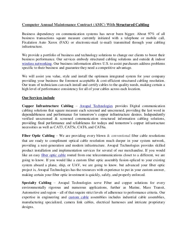 Computer Annual Maintenance Contract Amc With Structured Cabling Network Maintenance Contract Template