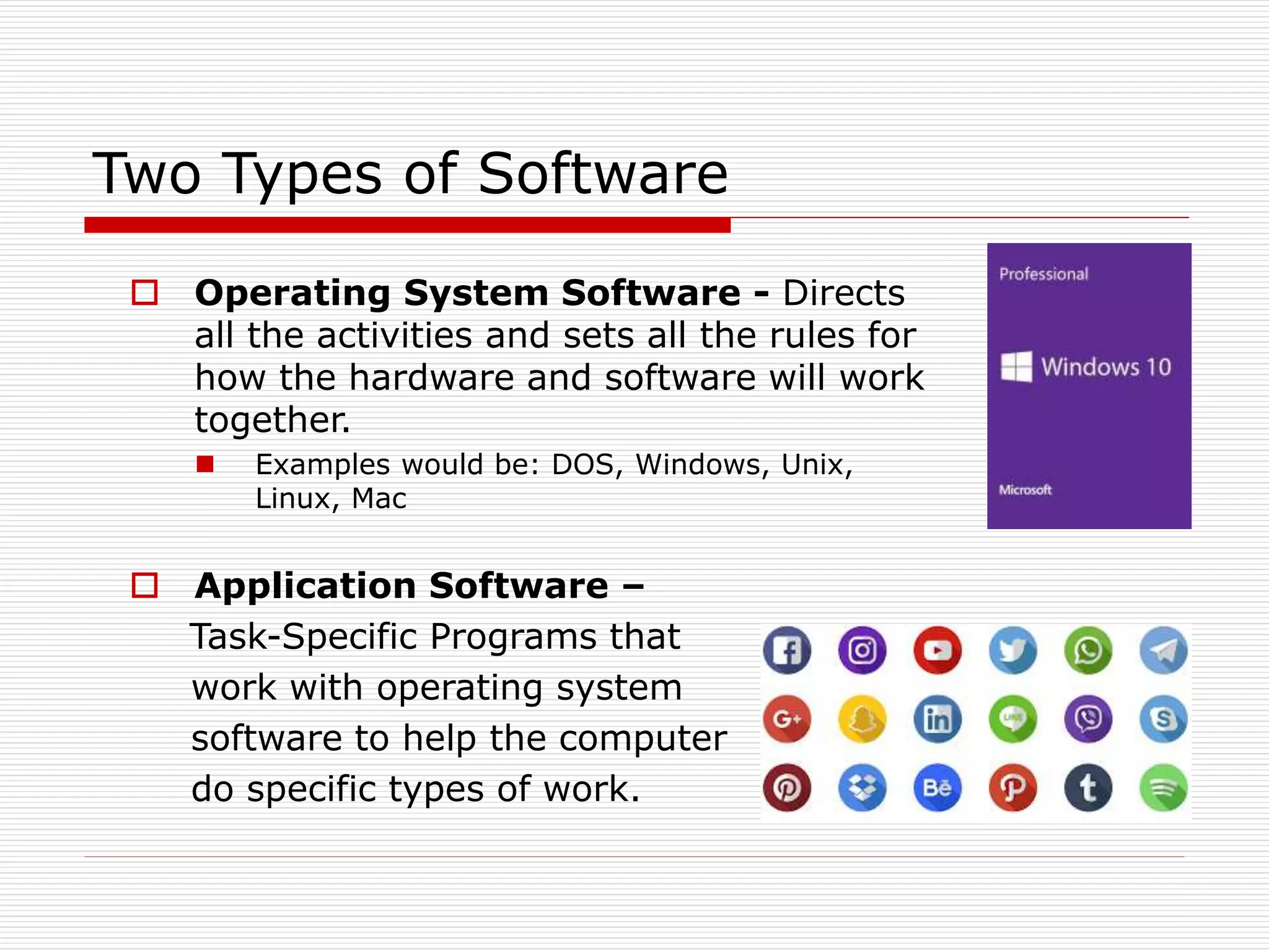 Two Types of Software
 Operating System Software - Directs
all the activities and sets all the rules for
how the hardware and software will work
together.
 Examples would be: DOS, Windows, Unix,
Linux, Mac
 Application Software –
Task-Specific Programs that
work with operating system
software to help the computer
do specific types of work.
 