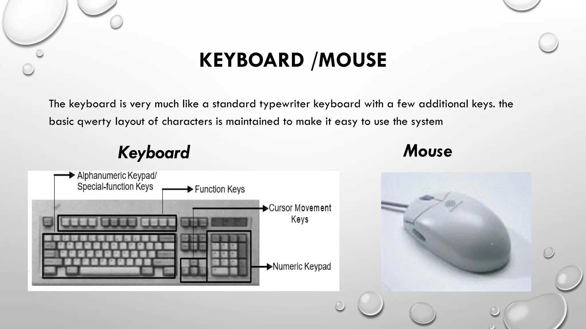 KEYBOARD /MOUSE
The keyboard is very much like a standard typewriter keyboard with a few additional keys. the
basic qwerty layout of characters is maintained to make it easy to use the system
Keyboard Mouse
 