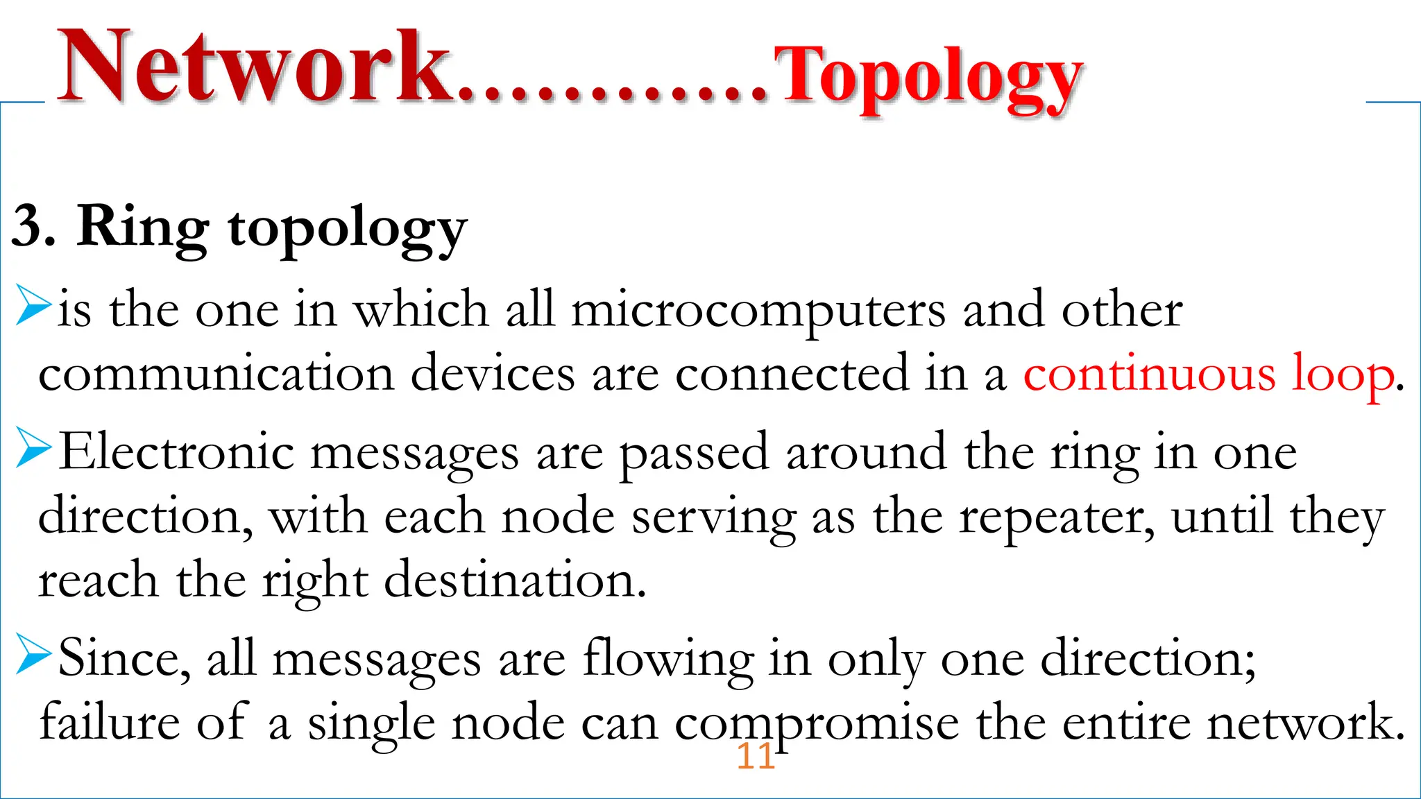 3. Ring topology
is the one in which all microcomputers and other
communication devices are connected in a continuous loop.
Electronic messages are passed around the ring in one
direction, with each node serving as the repeater, until they
reach the right destination.
Since, all messages are flowing in only one direction;
failure of a single node can compromise the entire network.
Network…………Topology
11
 