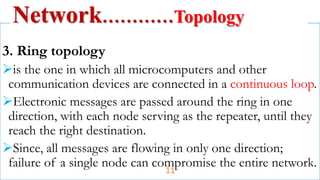 3. Ring topology
is the one in which all microcomputers and other
communication devices are connected in a continuous loop.
Electronic messages are passed around the ring in one
direction, with each node serving as the repeater, until they
reach the right destination.
Since, all messages are flowing in only one direction;
failure of a single node can compromise the entire network.
Network…………Topology
11
 