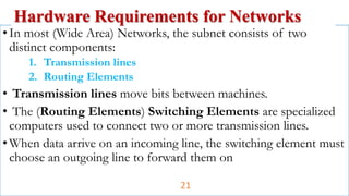 •In most (Wide Area) Networks, the subnet consists of two
distinct components:
1. Transmission lines
2. Routing Elements
• Transmission lines move bits between machines.
• The (Routing Elements) Switching Elements are specialized
computers used to connect two or more transmission lines.
•When data arrive on an incoming line, the switching element must
choose an outgoing line to forward them on
Hardware Requirements for Networks
21
 