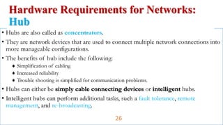 • Hubs are also called as concentrators.
• They are network devices that are used to connect multiple network connections into
more manageable configurations.
• The benefits of hub include the following:
 Simplification of cabling
 Increased reliability
 Trouble shooting is simplified for communication problems.
• Hubs can either be simply cable connecting devices or intelligent hubs.
• Intelligent hubs can perform additional tasks, such a fault tolerance, remote
management, and re-broadcasting.
Hardware Requirements for Networks:
Hub
26
 
