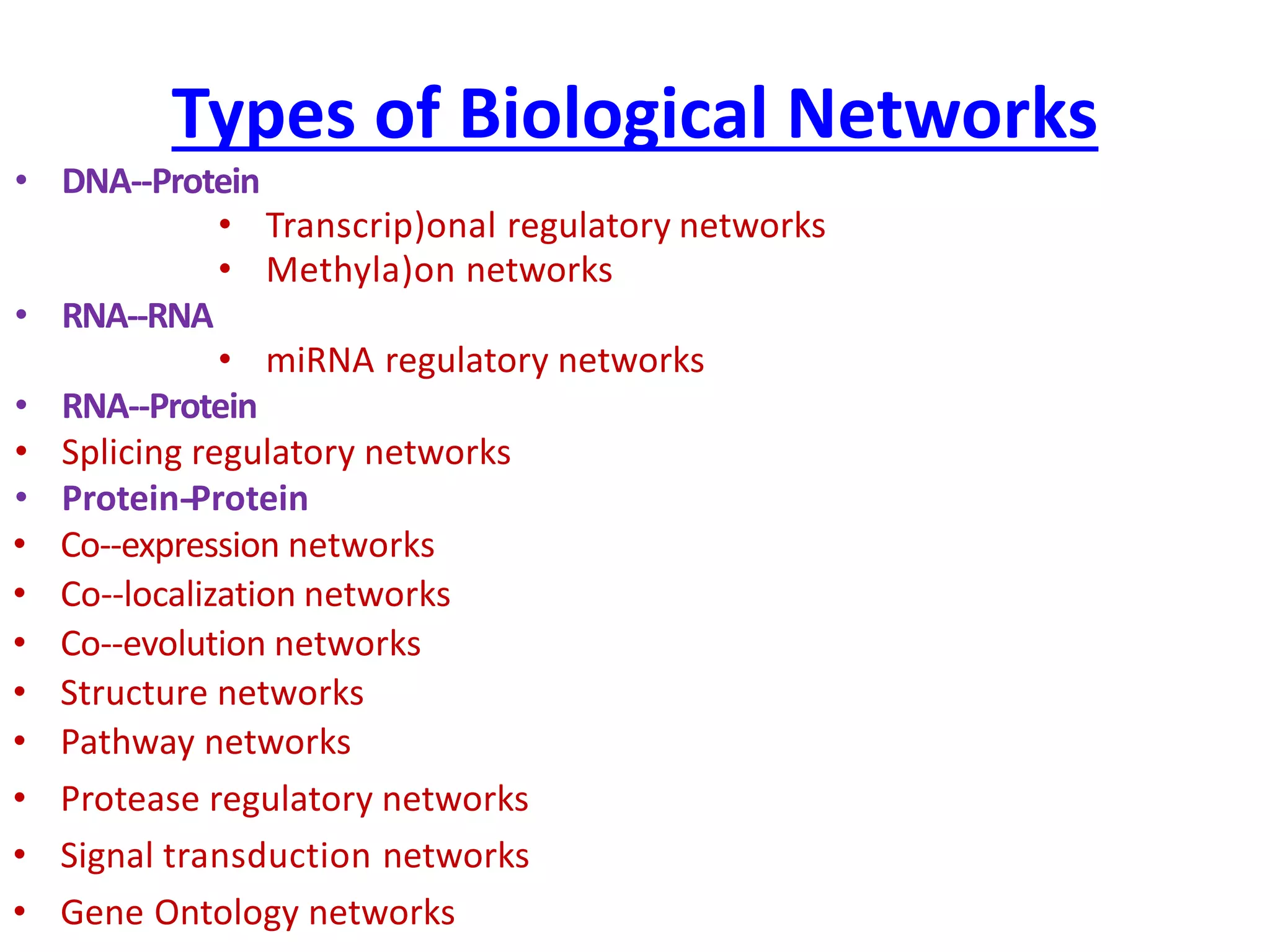 Types of Biological Networks
• DNA-‐Protein
• Transcrip)onal regulatory networks
• Methyla)on networks
• RNA-‐RNA
• miRNA regulatory networks
• RNA-‐Protein
• Splicing regulatory networks
• Protein-‐Protein
• Co-‐expression networks
• Co-‐localization networks
• Co-‐evolution networks
• Structure networks
• Pathway networks
• Protease regulatory networks
• Signal transduction networks
• Gene Ontology networks
 
