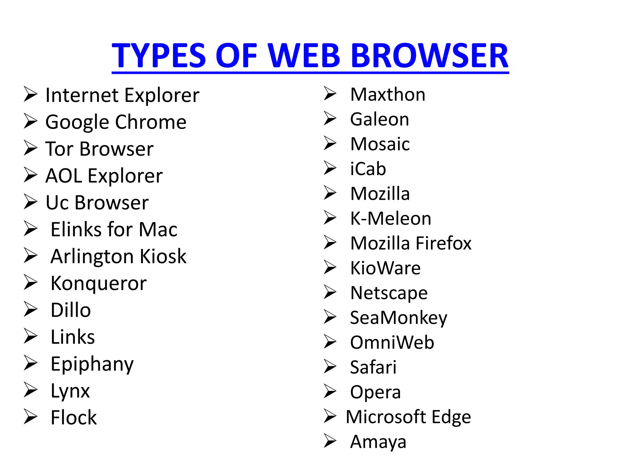 TYPES OF WEB BROWSER
 Internet Explorer
 Google Chrome
 Tor Browser
 AOL Explorer
 Uc Browser
 Elinks for Mac
 Arlington Kiosk
 Konqueror
 Dillo
 Links
 Epiphany
 Lynx
 Flock
 Maxthon
 Galeon
 Mosaic
 iCab
 Mozilla
 K-Meleon
 Mozilla Firefox
 KioWare
 Netscape
 SeaMonkey
 OmniWeb
 Safari
 Opera
 Microsoft Edge
 Amaya
 