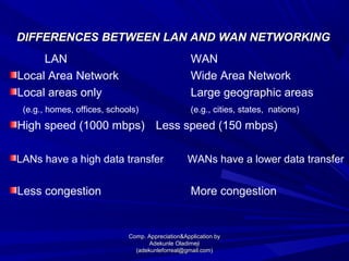 DIFFERENCES BETWEEN LAN AND WAN NETWORKINGDIFFERENCES BETWEEN LAN AND WAN NETWORKING
LAN WAN
Local Area Network Wide Area Network
Local areas only Large geographic areas
(e.g., homes, offices, schools) (e.g., cities, states, nations)
High speed (1000 mbps) Less speed (150 mbps)
LANs have a high data transfer WANs have a lower data transfer
Less congestion More congestion
Comp. Appreciation&Application byComp. Appreciation&Application by
Adekunle OladimejiAdekunle Oladimeji
(adekunleforreal@gmail.com)(adekunleforreal@gmail.com)
 