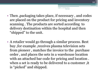12

                                 vaghela_manisha13@ya
                                              hoo.com




• Then ,packaging takes place, if necessary , and codes
  are placed on the product for pricing and inventory
  scanning . The products are sorted according to
  delivery destination within the hospital and then
  “shipped” to the unit.

• A retailer would go through a similar process. Best
  buy ,for example ,receives plasma television sets
  from pioneer , matches the invoice to the purchase
  order , and places the sets in a warehouse location
  with an attached bar code for pricing and location .
  when a set is ready to be delivered to a customer ,it
  is “picked” and shipped.
 