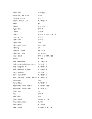 Grow Font CTRL+SHIFT+.
Grow Font One Point CTRL+]
Hanging Indent CTRL+T
Header Footer Link ALT+SHIFT+R
Help F1
Hidden CTRL+SHIFT+H
Hyperlink CTRL+K
Indent CTRL+M
Italic CTRL+I or CTRL+SHIFT+I
Justify Para CTRL+J
Left Para CTRL+L
Line Down DOWN
Line Down Extend SHIFT+DOWN
Line Up UP
Line Up Extend SHIFT+UP
List Num Field ALT+CTRL+L
Lock Fields CTRL+3 or CTRL+F11
Macro ALT+F8
Mail Merge Check ALT+SHIFT+K
Mail Merge Edit Data Source ALT+SHIFT+E
Mail Merge to Doc ALT+SHIFT+N
Mail Merge to Printer ALT+SHIFT+M
Mark Citation ALT+SHIFT+I
Mark Index Entry ALT+SHIFT+X
Mark Table of Contents Entry ALT+SHIFT+O
Menu Mode F10
Merge Field ALT+SHIFT+F
Microsoft Script Editor ALT+SHIFT+F11
Microsoft System Info ALT+CTRL+F1
Move Text F2
New CTRL+N
Next Cell TAB
Next Field F11 or ALT+F1
Next Misspelling ALT+F7
Next Object ALT+DOWN
Next Window CTRL+F6 or ALT+F6
 