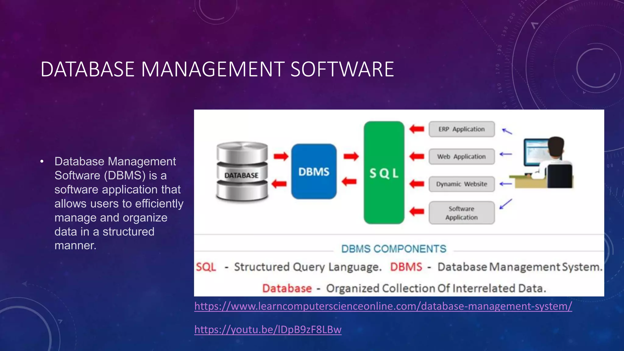 DATABASE MANAGEMENT SOFTWARE
• Database Management
Software (DBMS) is a
software application that
allows users to efficiently
manage and organize
data in a structured
manner.
https://www.learncomputerscienceonline.com/database-management-system/
https://youtu.be/lDpB9zF8LBw
 
