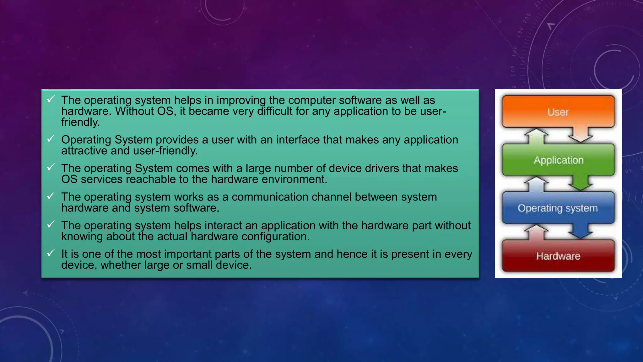  The operating system helps in improving the computer software as well as
hardware. Without OS, it became very difficult for any application to be user-
friendly.
 Operating System provides a user with an interface that makes any application
attractive and user-friendly.
 The operating System comes with a large number of device drivers that makes
OS services reachable to the hardware environment.
 The operating system works as a communication channel between system
hardware and system software.
 The operating system helps interact an application with the hardware part without
knowing about the actual hardware configuration.
 It is one of the most important parts of the system and hence it is present in every
device, whether large or small device.
 