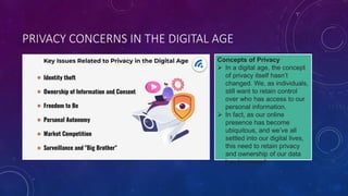 PRIVACY CONCERNS IN THE DIGITAL AGE
Concepts of Privacy
 In a digital age, the concept
of privacy itself hasn’t
changed. We, as individuals,
still want to retain control
over who has access to our
personal information.
 In fact, as our online
presence has become
ubiquitous, and we’ve all
settled into our digital lives,
this need to retain privacy
and ownership of our data
has increased.
 