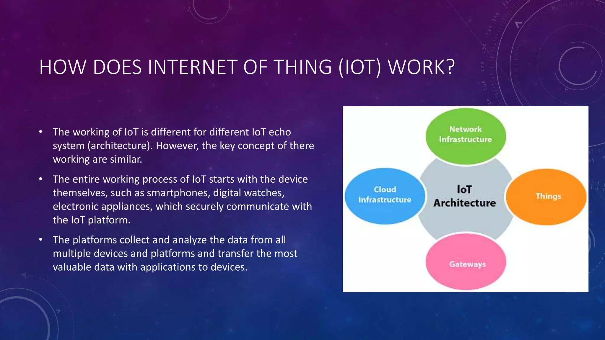 HOW DOES INTERNET OF THING (IOT) WORK?
• The working of IoT is different for different IoT echo
system (architecture). However, the key concept of there
working are similar.
• The entire working process of IoT starts with the device
themselves, such as smartphones, digital watches,
electronic appliances, which securely communicate with
the IoT platform.
• The platforms collect and analyze the data from all
multiple devices and platforms and transfer the most
valuable data with applications to devices.
 