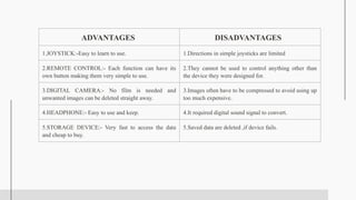 ADVANTAGES DISADVANTAGES
1.JOYSTICK:-Easy to learn to use. 1.Directions in simple joysticks are limited
2.REMOTE CONTROL:- Each function can have its
own button making them very simple to use.
2.They cannot be used to control anything other than
the device they were designed for.
3.DIGITAL CAMERA:- No film is needed and
unwanted images can be deleted straight away.
3.Images often have to be compressed to avoid using up
too much expensive.
4.HEADPHONE:- Easy to use and keep. 4.It required digital sound signal to convert.
5.STORAGE DEVICE:- Very fast to access the data
and cheap to buy.
5.Saved data are deleted ,if device fails.
 