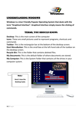 12 | P a g e
UNDERSTANDING WINDOWS
Windows is a User Friendly Popular Operating System that deals with the
term “Graphical Interface”. Graphical Interface simply means the clicking of
commands.
TERMS, YOU SHOULD KNOW:
Desktop: This is the main screen of the computer
Icons: These are small pictures used to represent programs, shortcuts and
commands
Taskbar: This is the rectangular bar at the bottom of the desktop screen.
Start MenuButton: This is the small box at the left-hand side of the taskbar on
the desktop screen.
Recycle Bin: This is the folder that contains deleted files.
My Documents: This is the default folder of where documents are stored.
My Computer: This is the System Folder that contains all the drives in your
computer system.
Note:-
Here’s how the
Desktop looks
 