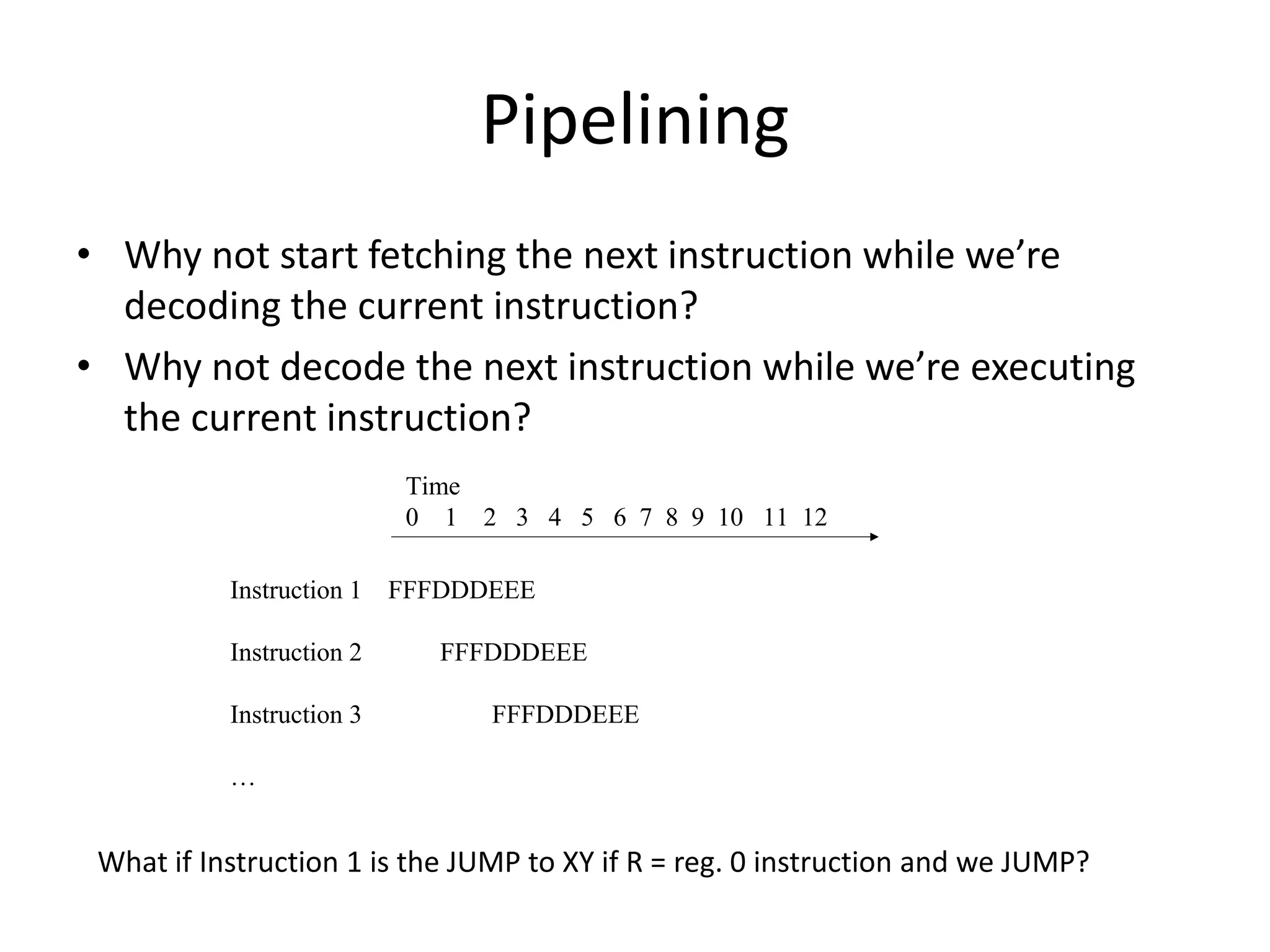Pipelining
• Why not start fetching the next instruction while we’re
  decoding the current instruction?
• Why not decode the next instruction while we’re executing
  the current instruction?
                           Time
                           0 1 2 3 4 5 6 7 8 9 10 11 12

           Instruction 1 FFFDDDEEE

           Instruction 2     FFFDDDEEE

           Instruction 3        FFFDDDEEE

           …


 What if Instruction 1 is the JUMP to XY if R = reg. 0 instruction and we JUMP?
 