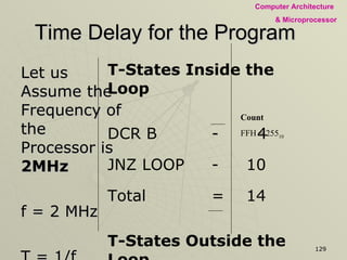 Time Delay for the Program Let us Assume the Frequency of the Processor is  2MHz f = 2 MHz T = 1/f T = 1/2 MHz T = 0.5  µSec. Count FFH = 255 10 T-States Inside the Loop DCR B -   4 JNZ LOOP - 10 Total = 14 T-States Outside the Loop MVI B, FFH -   7 HLT -   5 Total = 12 