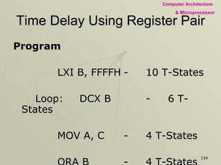 Time Delay Using Register Pair Program  LXI B, FFFFH - 10 T-States Loop: DCX B - 6 T-States MOV A, C - 4 T-States ORA B - 4 T-States JNZ Loop - 10/7 T-States HLT - 5 T-States 