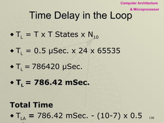 Time Delay in the Loop  T L  = T x T States x N 10 T L  = 0.5  µSec. x 24 x 65535 T L  =   786420  µSec. T L  = 786.42 mSec. Total Time T LA   =  786.42 mSec. - (10-7) x 0.5  µSec. T LA  = 786.42 mSec. - 0.0015 mSec. T LA  =  786.4185 mSec. 
