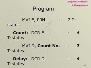 Program MVI E, 00H - 7 T-states Count: DCR E - 4 T-states MVI D,  Count No. - 7  T-states Delay: DCR D - 4 T-states JNZ  Delay - 10/7 T-states MOV A, B - 4 T-states OUT  Port - 10 T-states JMP Count - 10 T-states 