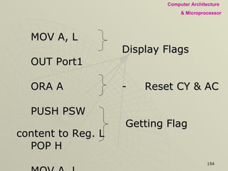 MOV A, L Display Flags OUT Port1 ORA A - Reset CY & AC PUSH PSW  Getting Flag content to Reg. L POP H MOV A, L ANI 40H Masking all flags except Z & Display OUT Port1 HLT - End of the Program 