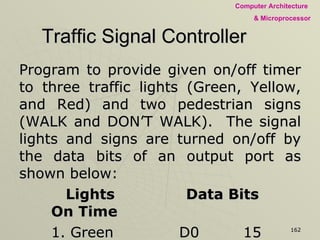 Traffic Signal Controller Program to provide given on/off timer to three traffic lights (Green, Yellow, and Red) and two pedestrian signs (WALK and DON’T WALK).  The signal lights and signs are turned on/off by the data bits of an output port as shown below:   Lights    Data Bits On Time 1. Green D0 15 seconds 2. Yellow D2   5 seconds 3. Red D4 20 seconds 4. WALK D6 15 seconds 5. DON’T WALK D7 25 seconds The traffic and pedestrian flow are in the same direction; the pedestrian should cross the road when the Green light is on.  