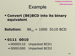 Example Convert (86)BCD into its binary equivalent  Solution: 86 10  = 1000  0110 BCD  0111  0010  00000110  Unpacked BCD1 00001000  Unpacked BCD2 Multiply BCD2 by 10 (8 x 10) Add BCD1 to the answer in Step 2. 