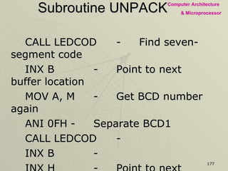 Subroutine UNPACK CALL LEDCOD - Find seven-segment code INX B - Point to next buffer location MOV A, M - Get BCD number again ANI 0FH - Separate BCD1 CALL LEDCOD - INX B - INX H - Point to next BCD DCR D - Conversion complete, reduce BCD count JNZ  NBCD - If all BCDs are not yet converted, go back  to convert next RET - Return to Main Program 